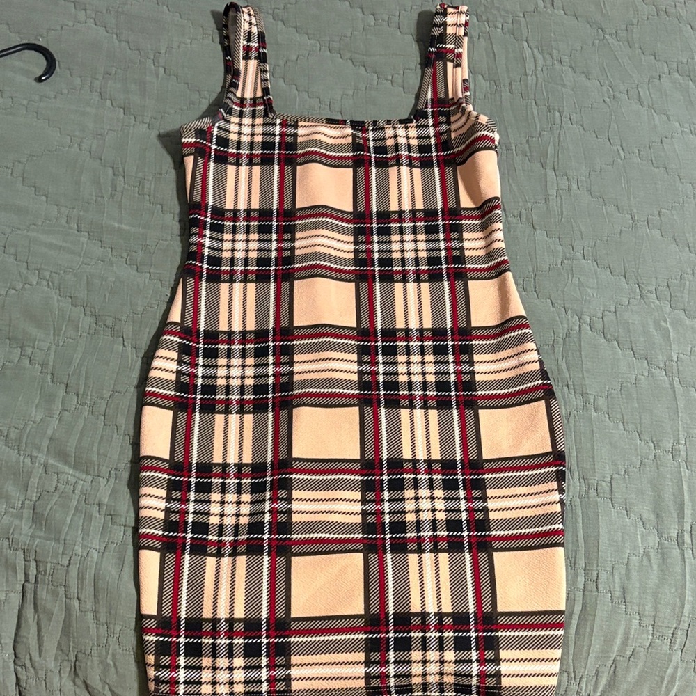 SHEIN Beige Plaid Mini Dress